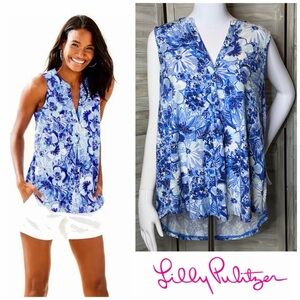Lilly Pulitzer Raisa Jersey Tank Top XL Coastal Blue Catch n Keep floral print